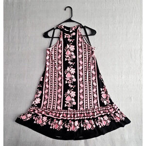 Loft Halter Dress Women's Size XS Pink & Black Floral A-Line Y2K Boho Wednesday